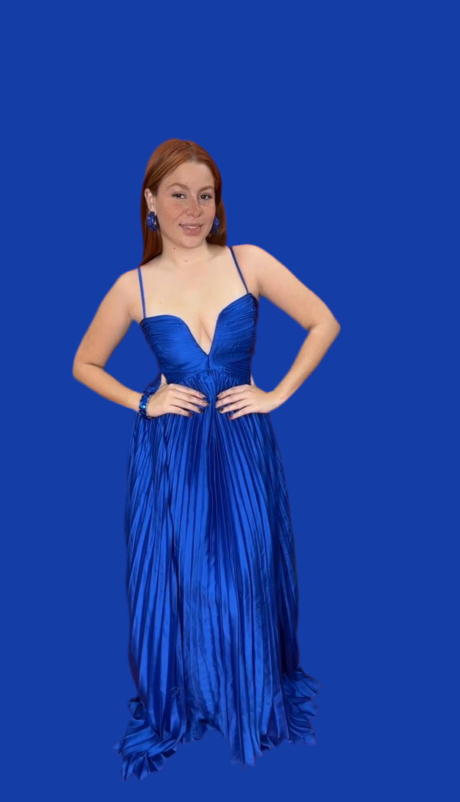 V Pleated Royal Blue Maxi Dress