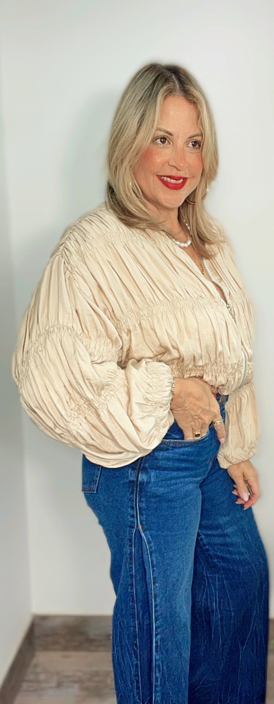 Champagne Ruched Satin Bomber Jacket