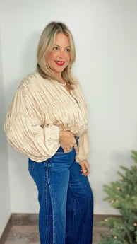 Champagne Ruched Satin Bomber Jacket