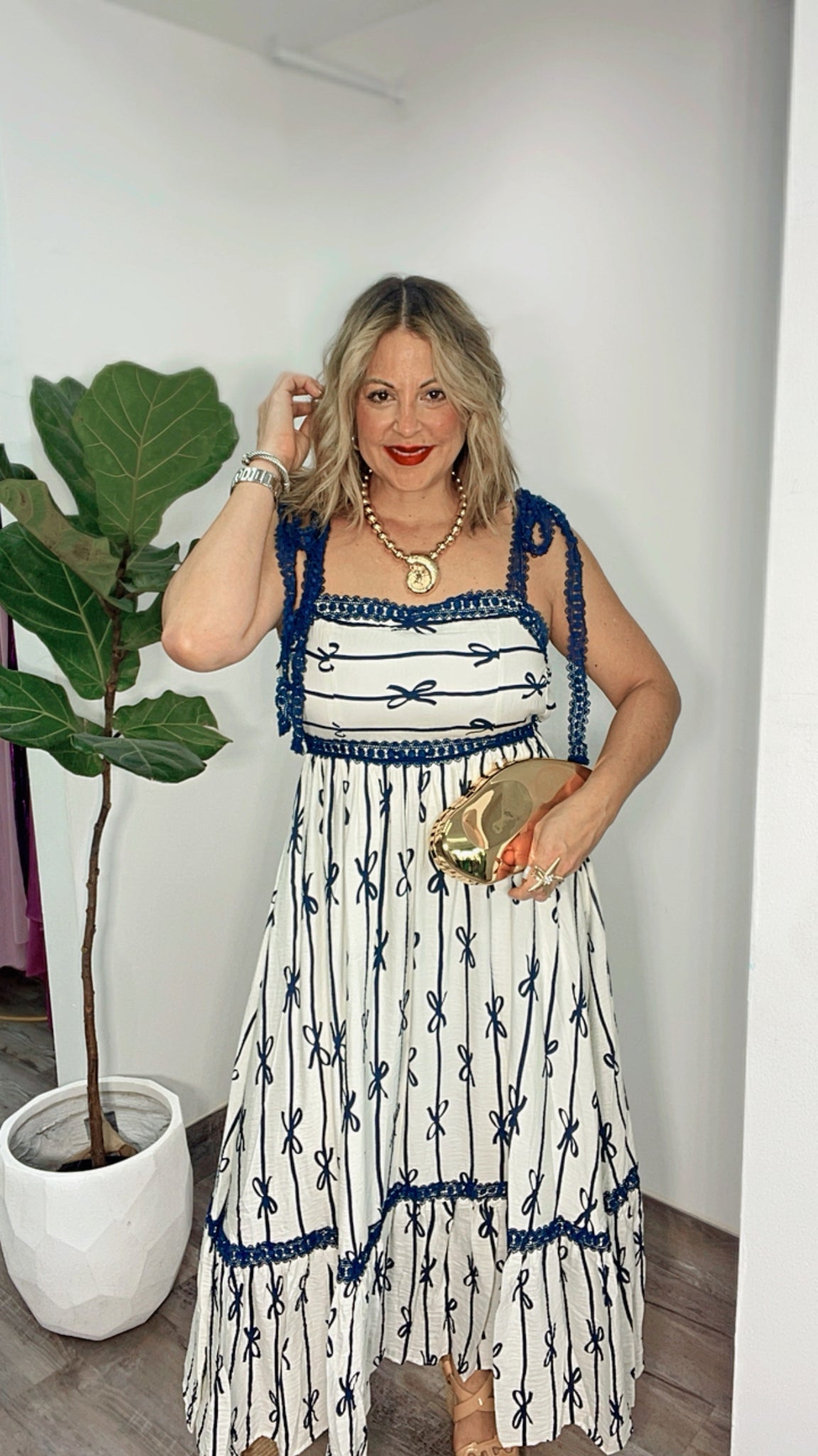Ivory Navy Bow Maxi Dress