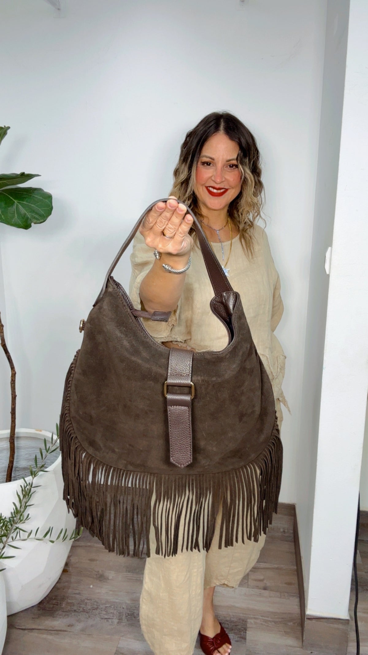 Olive Leather Fringe Bag