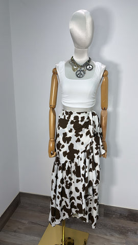 Brown Cow Print Wrap Around Skirt