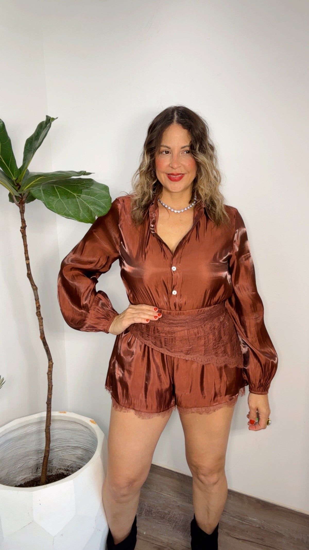 Chocolate Satin Lace 3-Piece Set