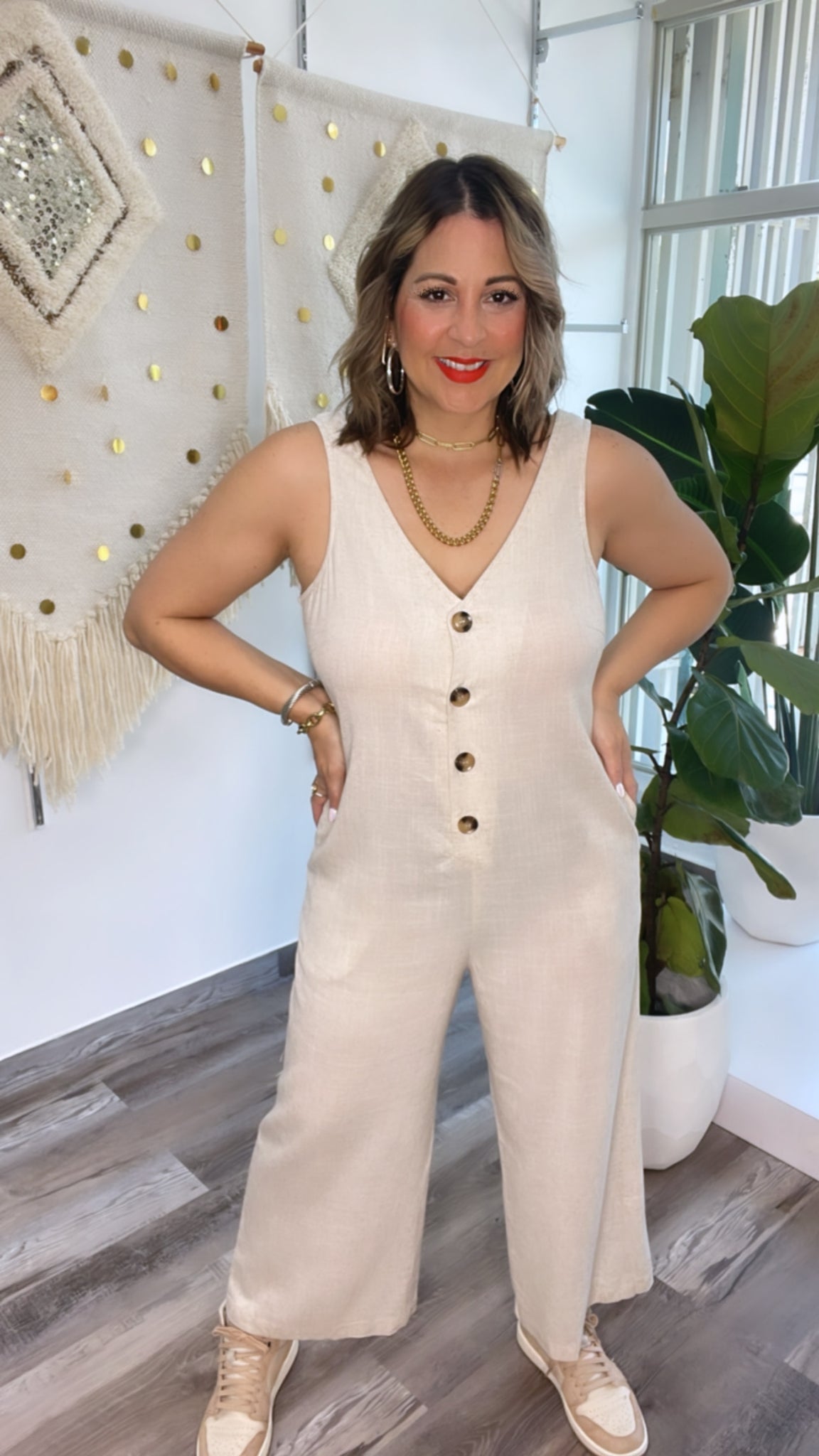 Button Down Linen  Oatmeal Jumpsuit