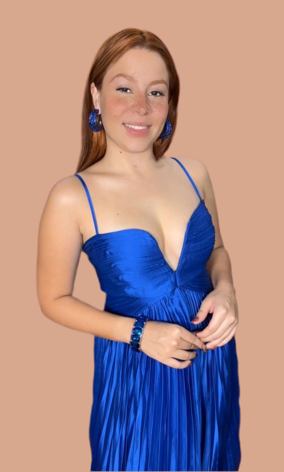 V Pleated Royal Blue Maxi Dress