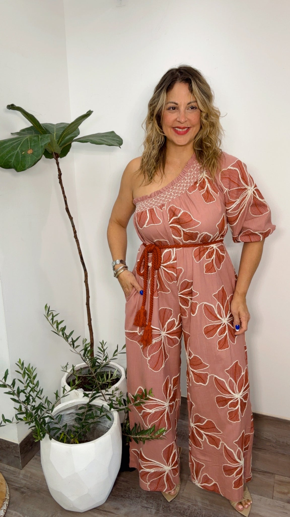Flower One Shoulder Jumpsuit (Dusty Pink)