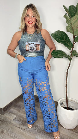 Mar Caribe Denim Crochet Pant