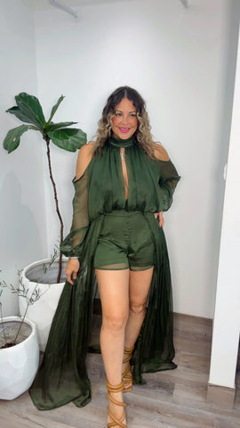 Pine Chiffon Maxi Overlay Short Set