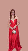 V Pleated Red Maxi Dress