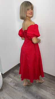 Red Off Shoulder Midi Linen Dress