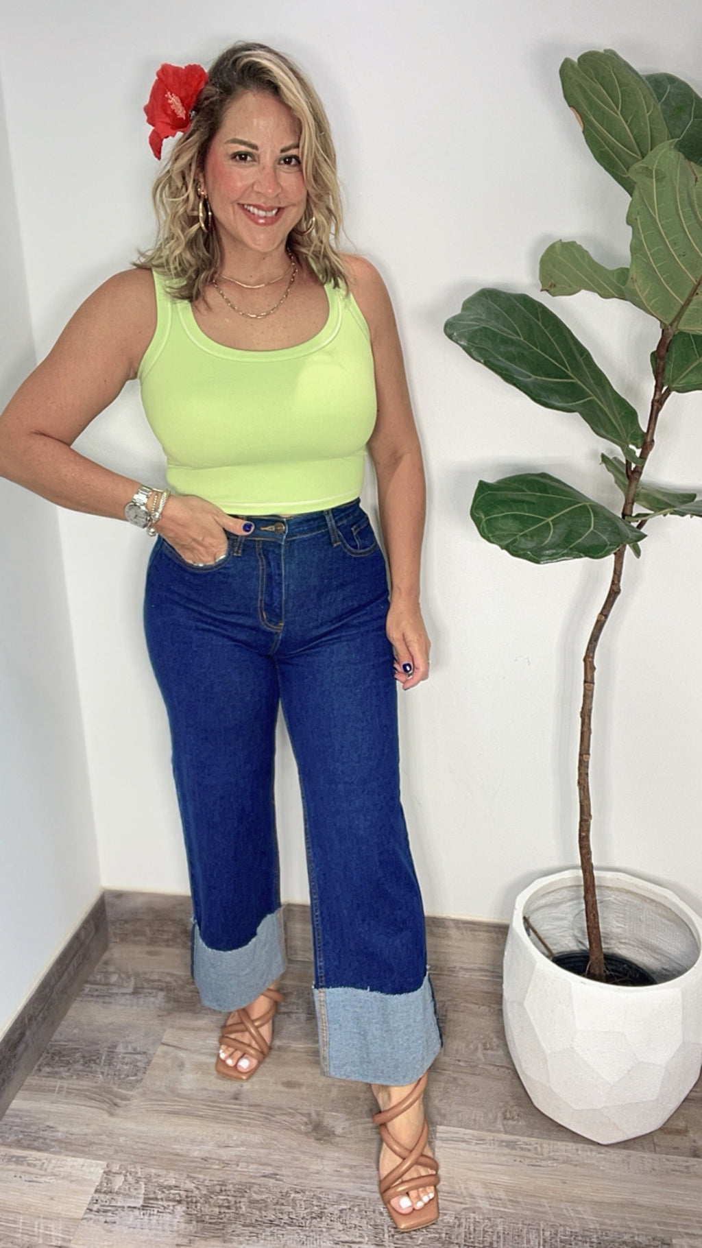 Indigo Cuff Up Wide  Leg Jean