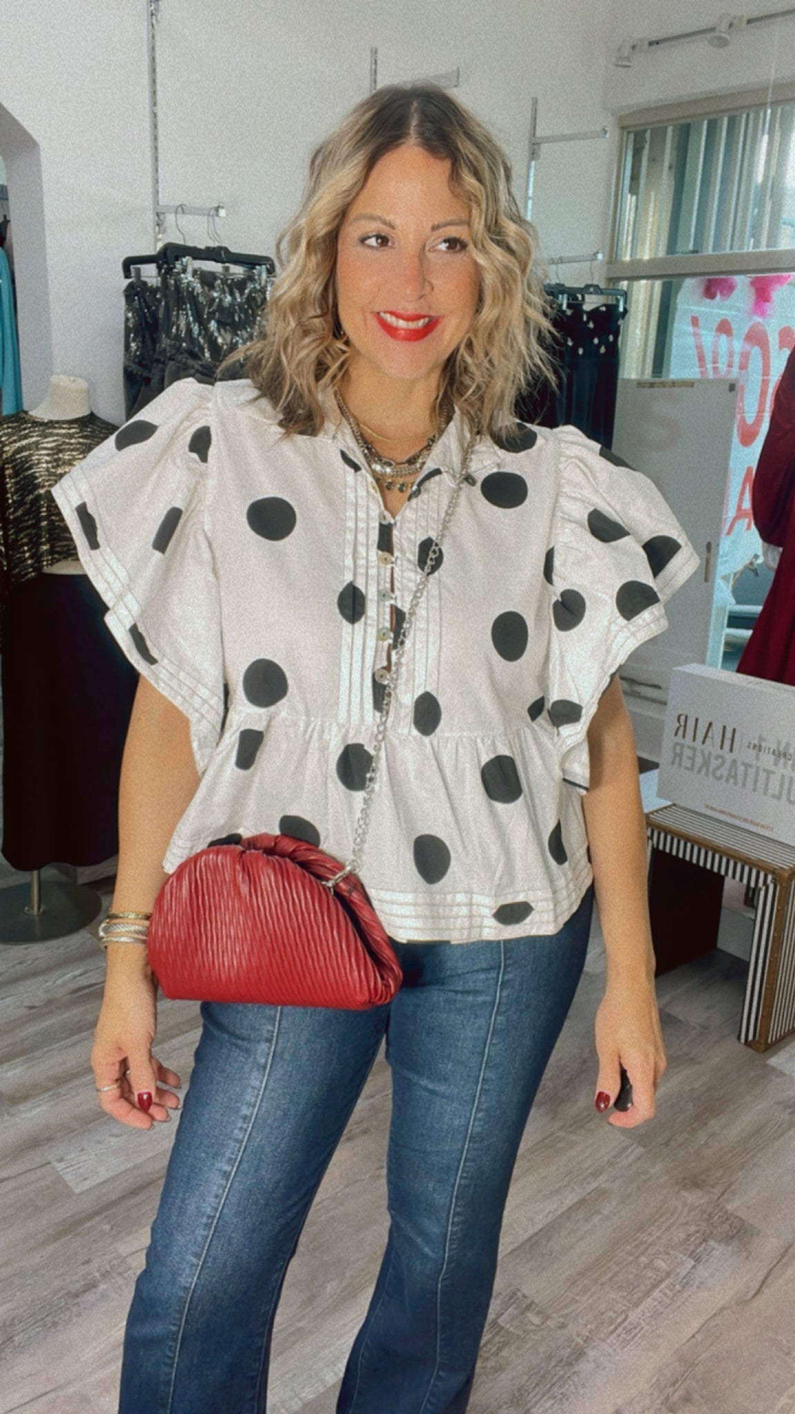 White & Black Polka Dot Ruffle Top