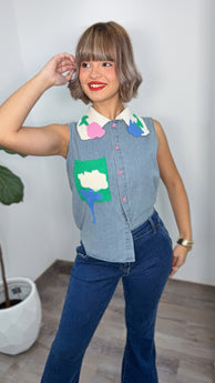 Pop Art Sleeveless Denim Shirt