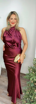 Velvet Wine Satin Halter Maxi Dress