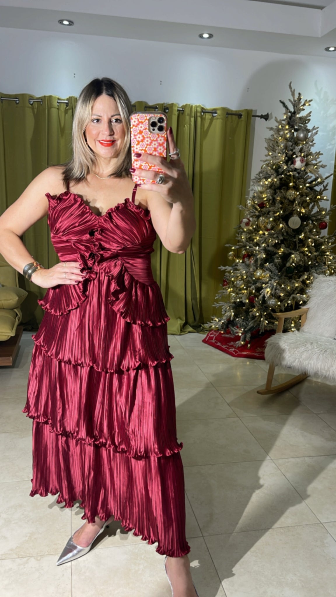 Burgundy Pleated Midi Dress