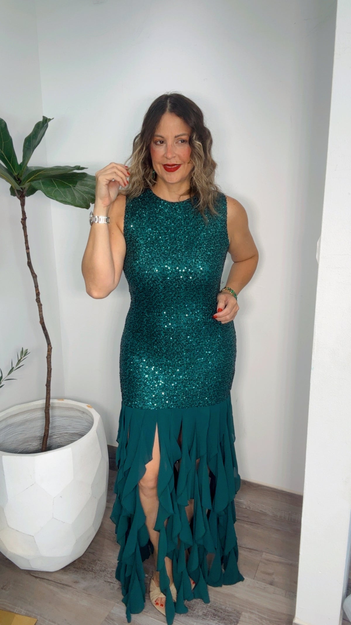 Emerald Cascade Sequin Gown