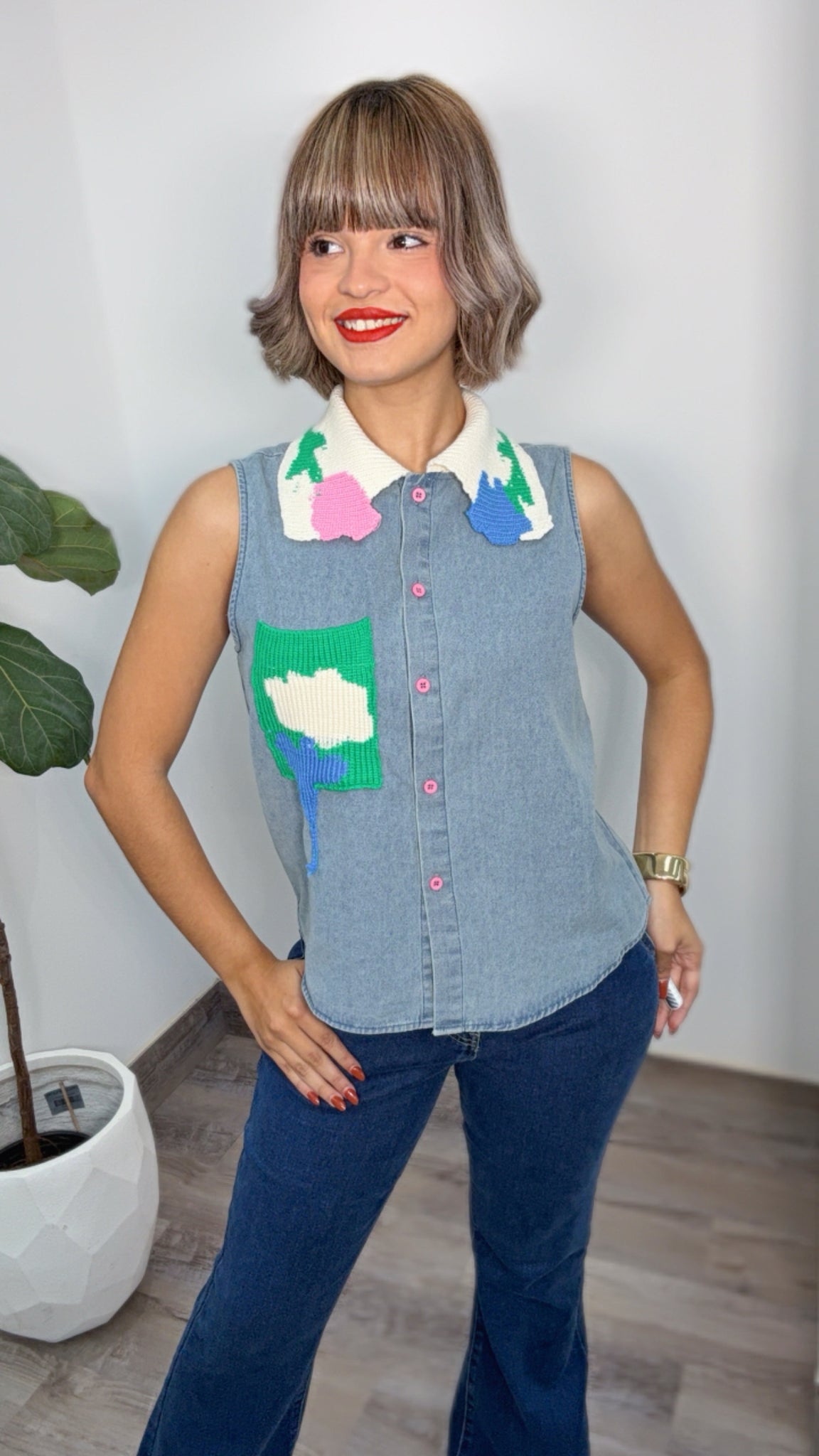 Pop Art Sleeveless Denim Shirt