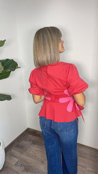 Pink Flowers Red Top