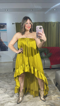 Satin Chartreuse Asymmetrical Dress