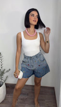 High-Waist Rhinestone Denim Shorts – Multicolor
