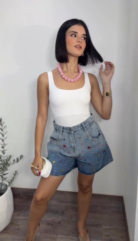 High-Waist Rhinestone Denim Shorts – Multicolor
