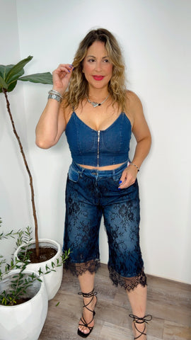 Noir Lace Capri Denim