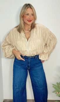 Champagne Ruched Satin Bomber Jacket