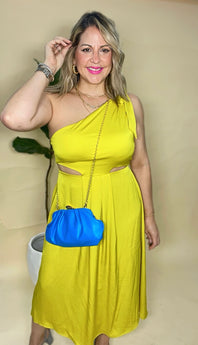 BRIGHT CHARTREUSE CUT OUT SATIN ONE SHOULDER MIDI DRESS