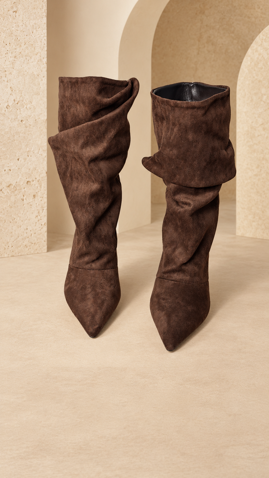 Chocolate Suede Slouchy Kitten Heel Boots