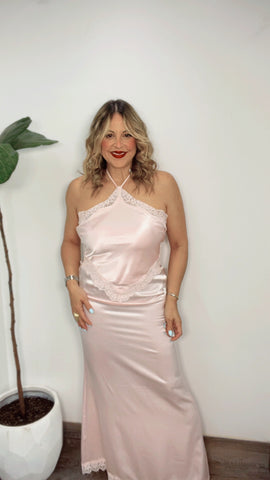 Baby Pink Satin Maxi Dress