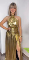 Halter Gold Pleated Maxi-dress