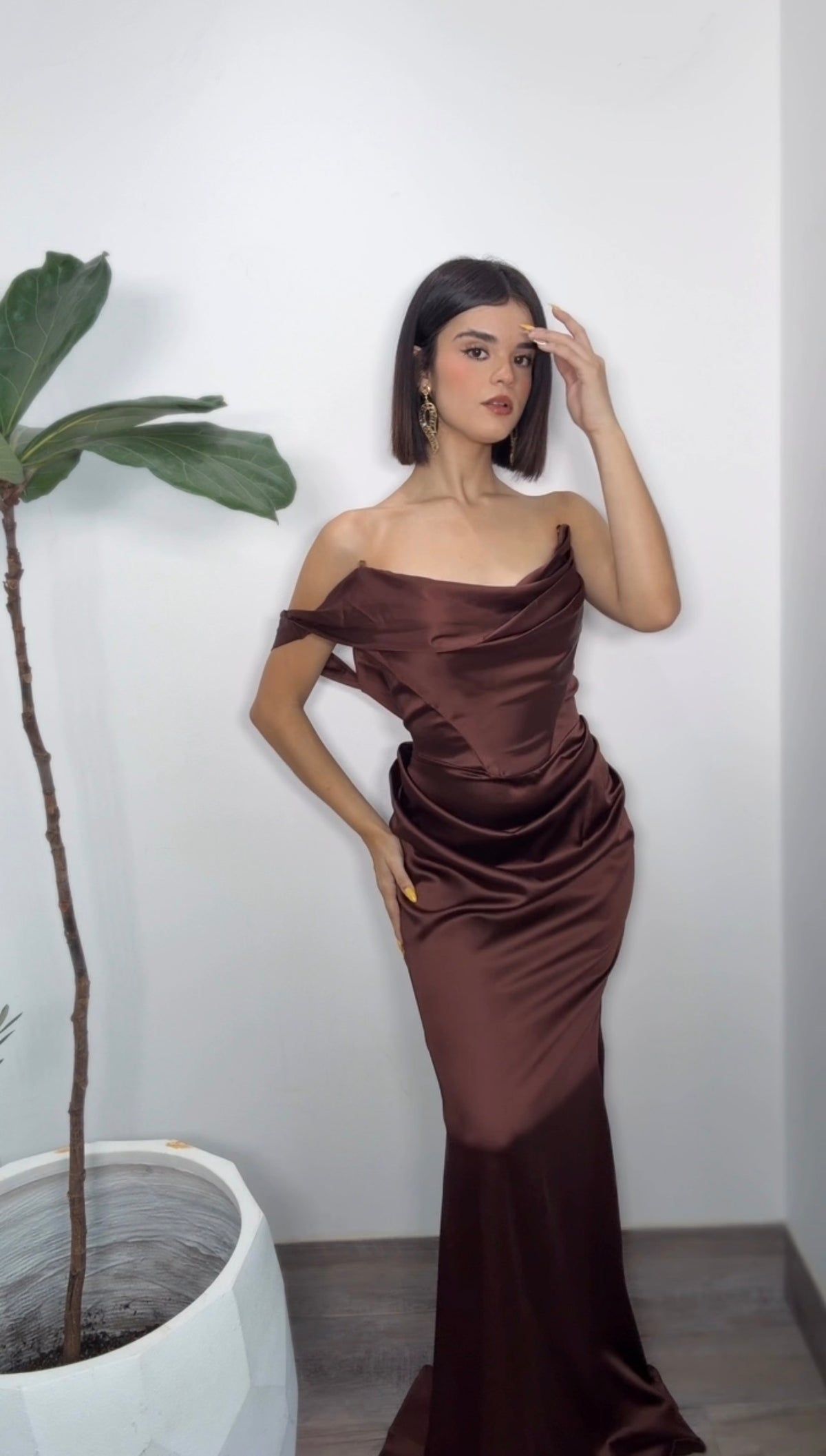 Brown Satin Elegant Dress