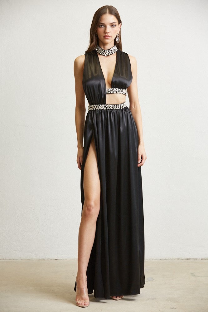 Black Cut Out Satin Maxi-Dress