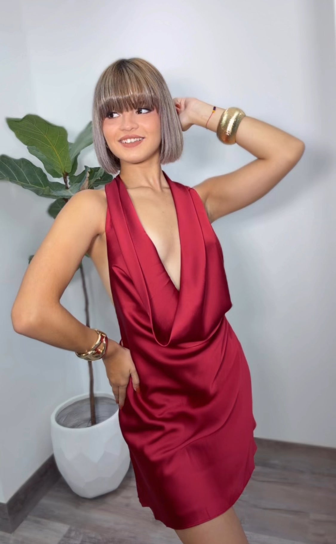 Amaré Satin Burgundy Mini Dress