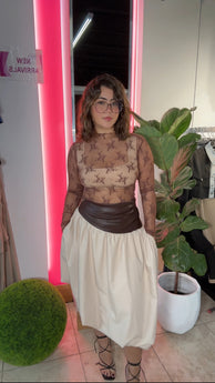 Leather Chocolate Bubble Midi Skirt