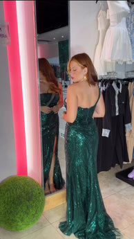 One Shoulder Green Sequin Formal Dress