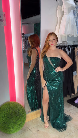 One Shoulder Green Sequin Formal Dress