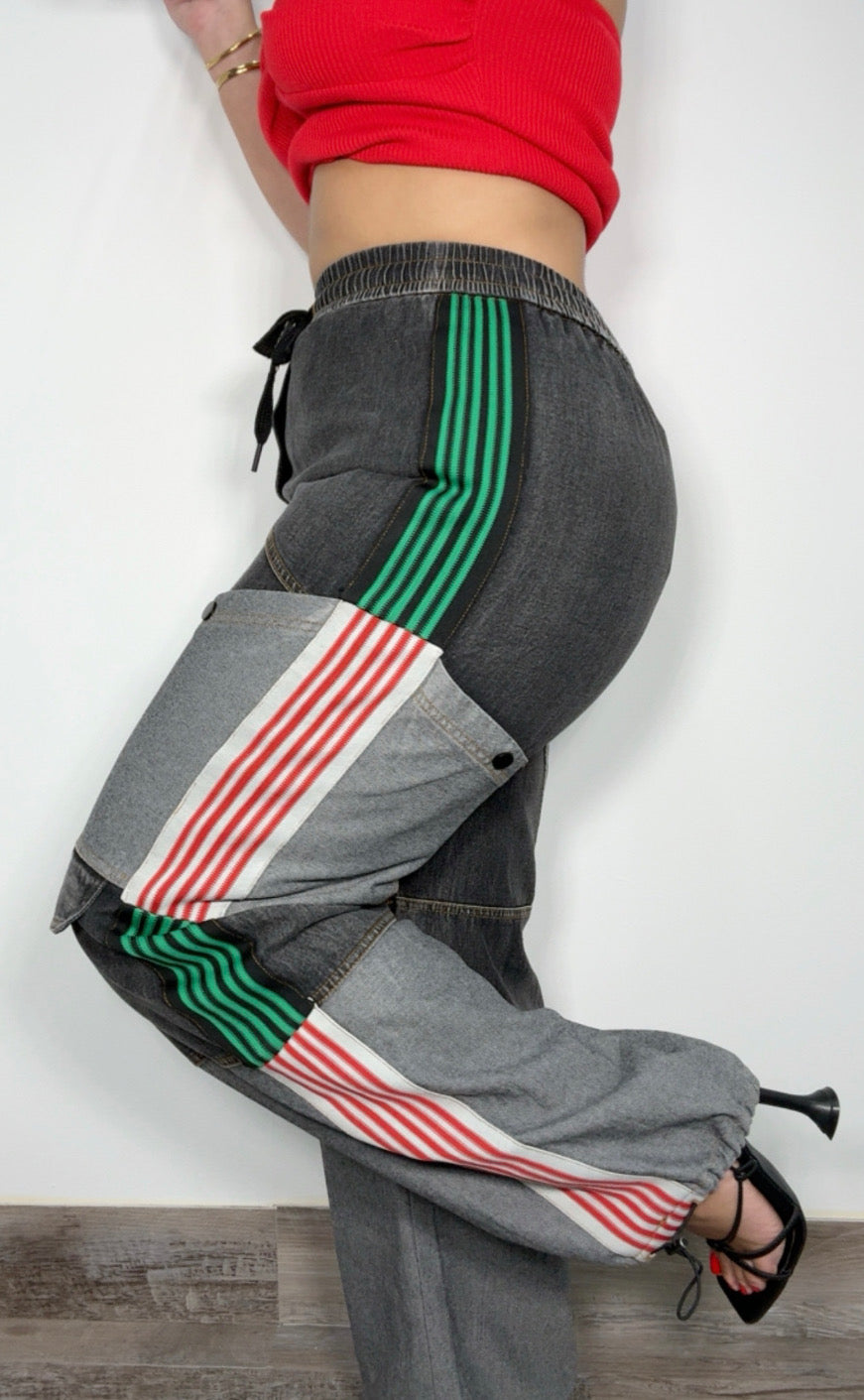 Black Denim Red/Green Details Cargo