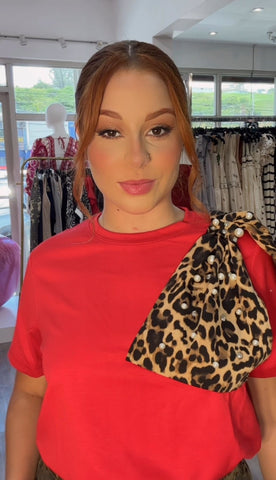 Bow Animal Print Red Shirt