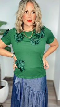 Gracia Green Appliqué Floral Shirt