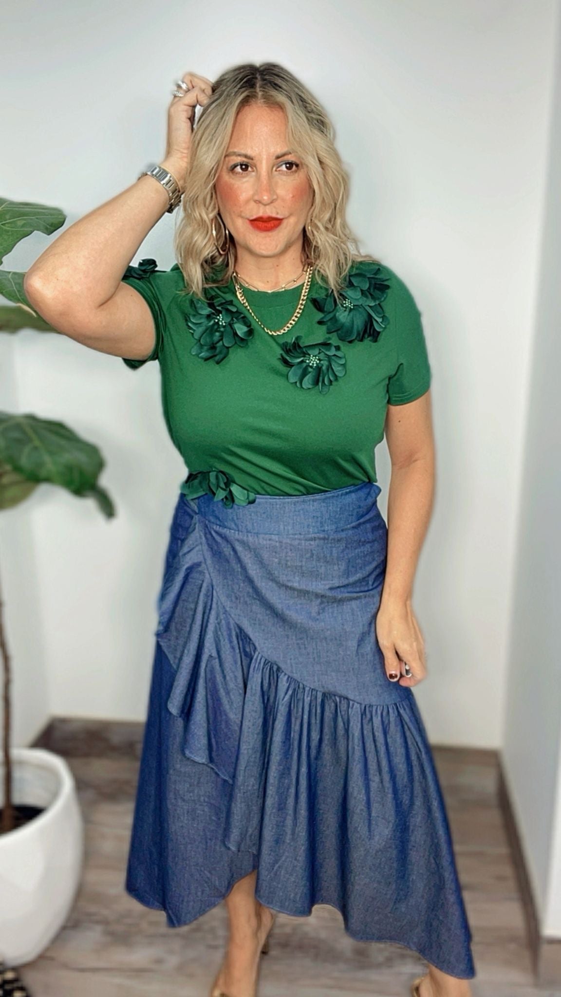 Gracia Green Appliqué Floral Shirt