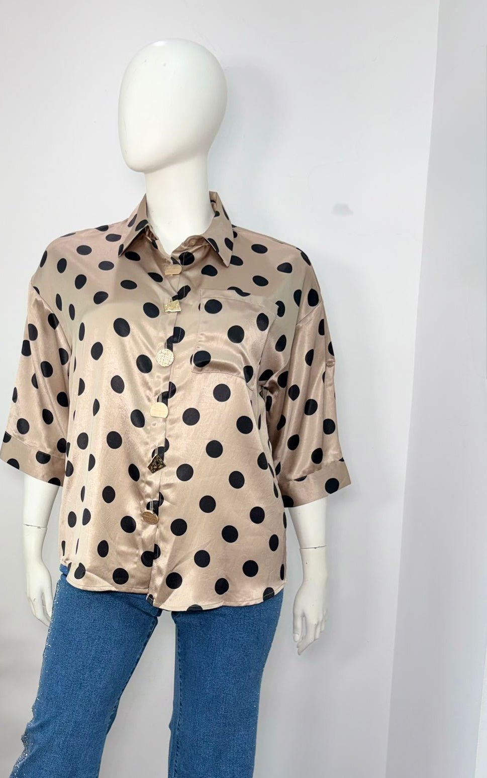 Plus Size Polka Dot Satin Button Shirt