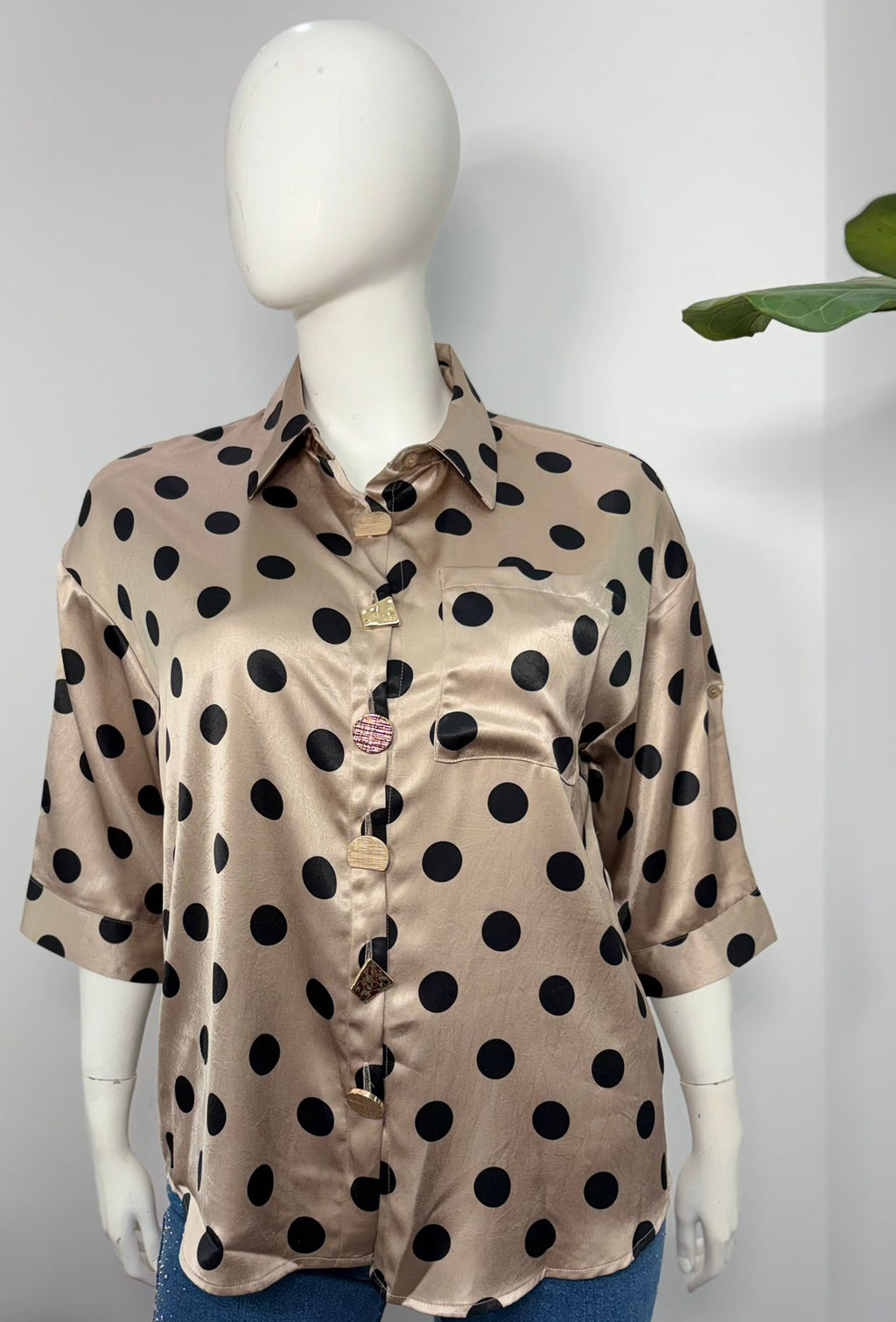 Plus Size Polka Dot Satin Button Shirt