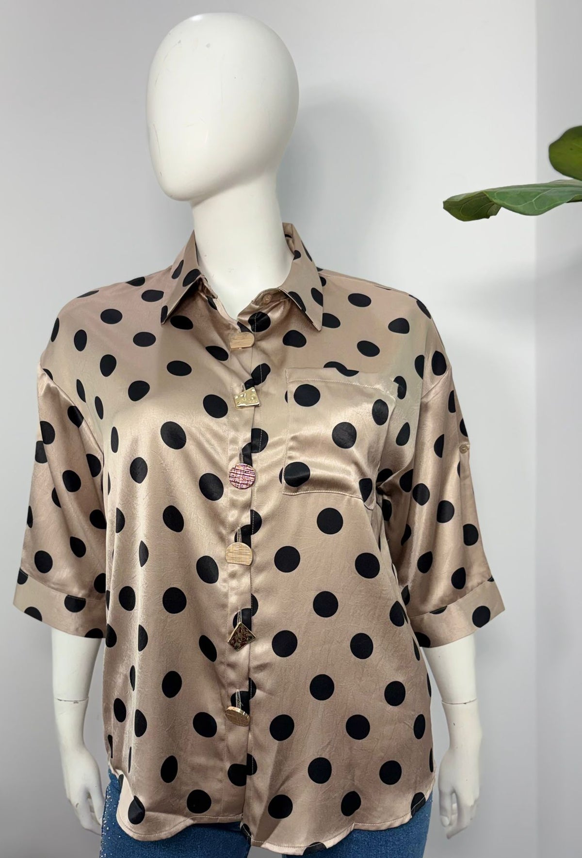 Plus Size Polka Dot Satin Button Shirt