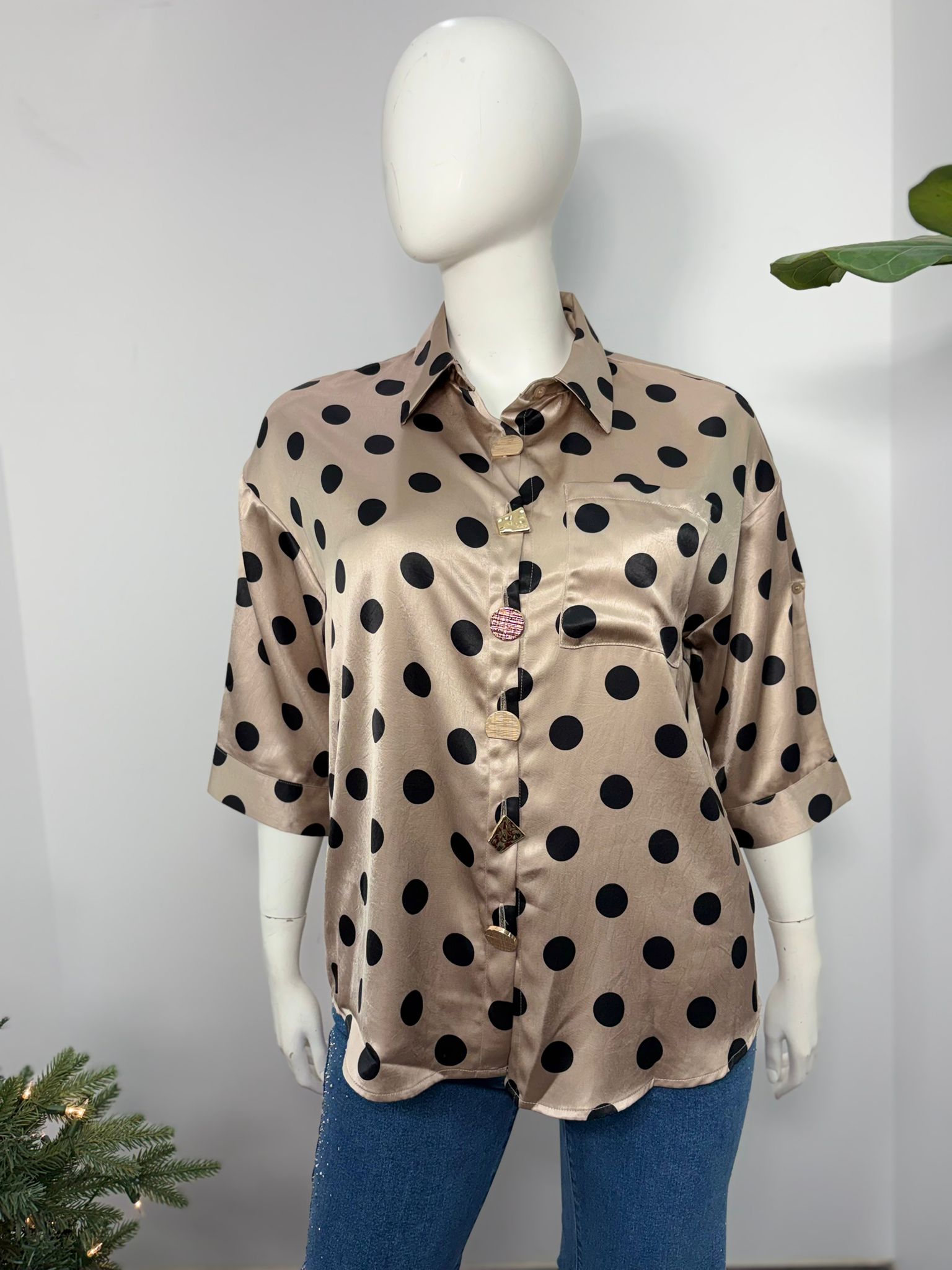 Plus Size Polka Dot Satin Button Shirt