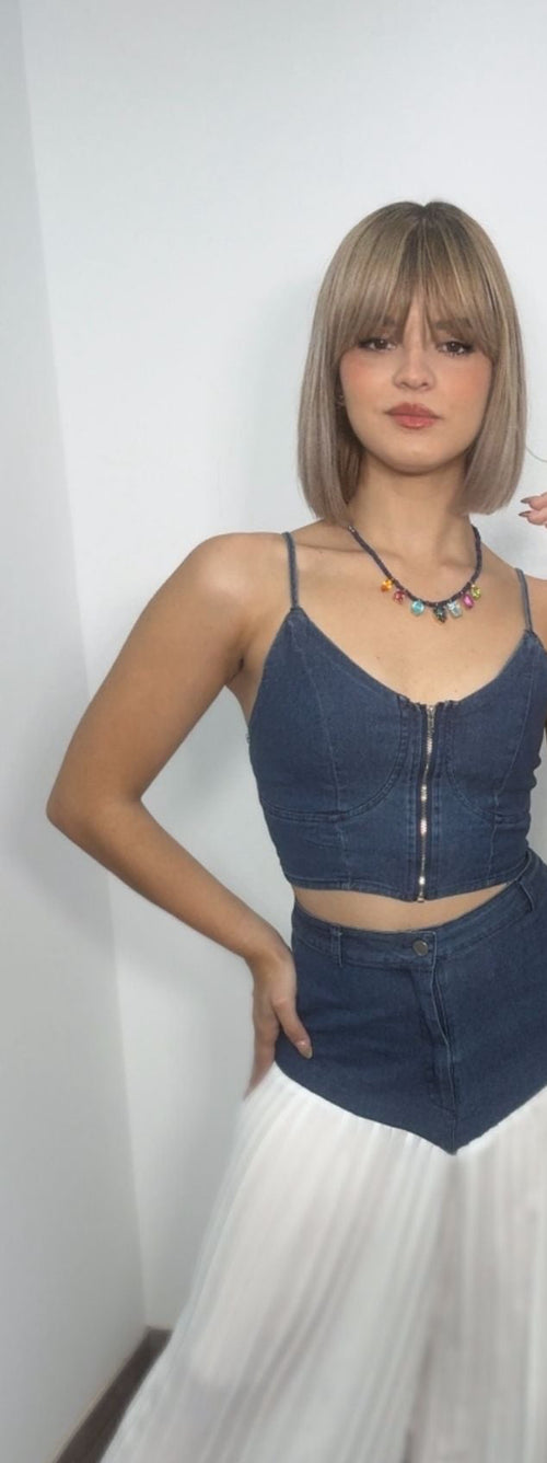 "Denim In White" Top & Plissé Pants Set