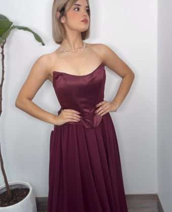 Gown Corset Chiffon Formal Dress (Burgundy)