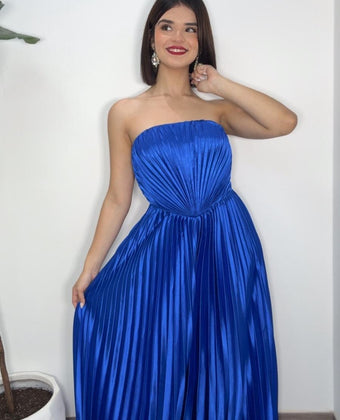 Daila Corset Plissé Satin Dress (Royal)