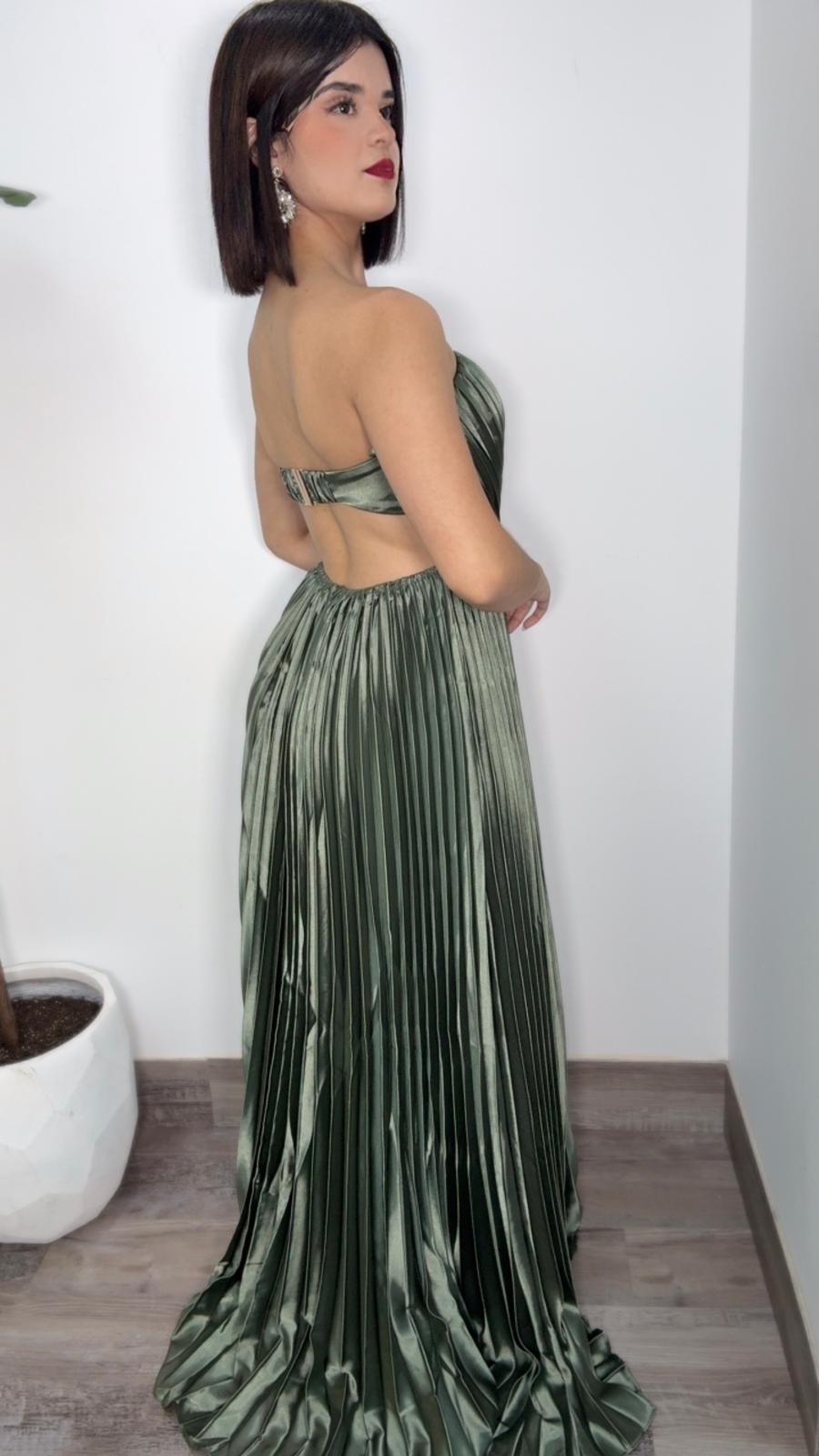 Daila Corset Plissé Satin Dress (Olive)