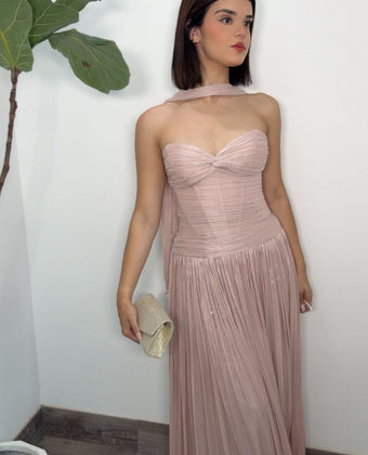Strapless Dusty Pink Plissé Formal Dress